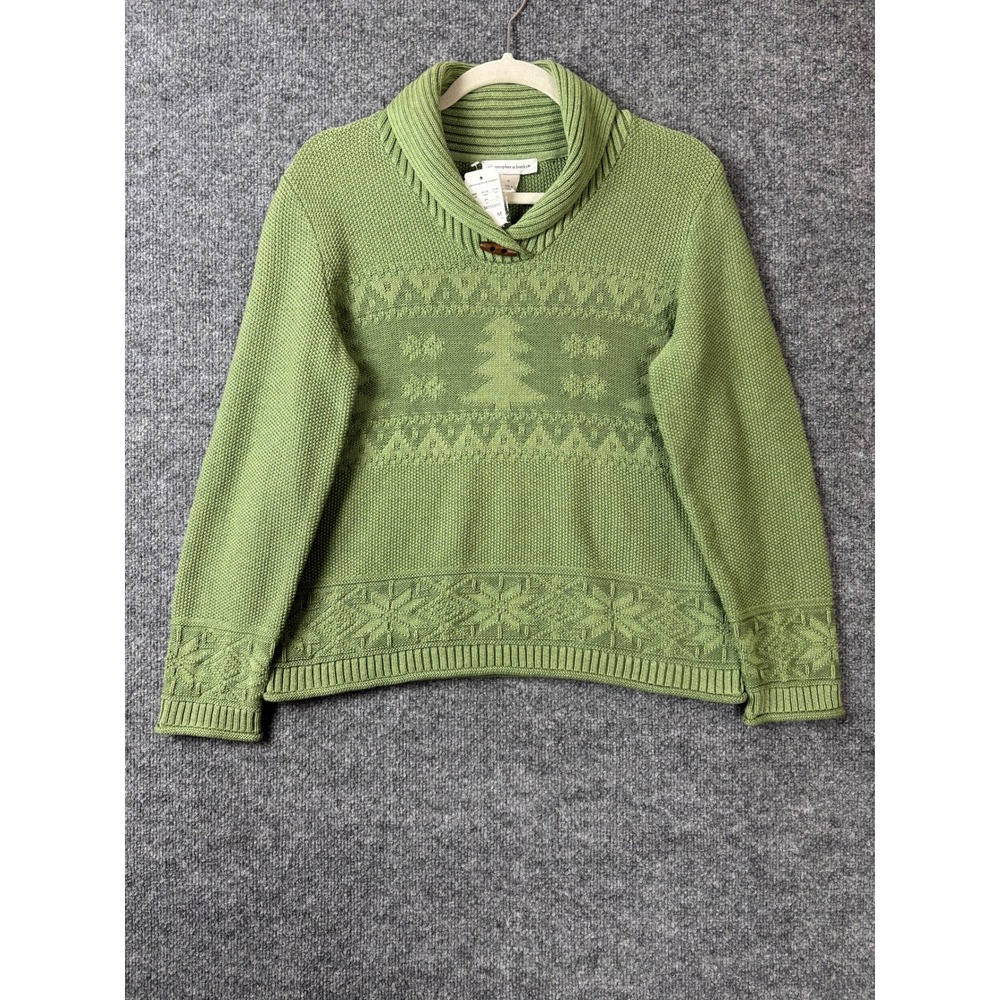 Christopher‎ & Banks Sweater Women M Green Christmas Tree Snowflake Toggle Shawl